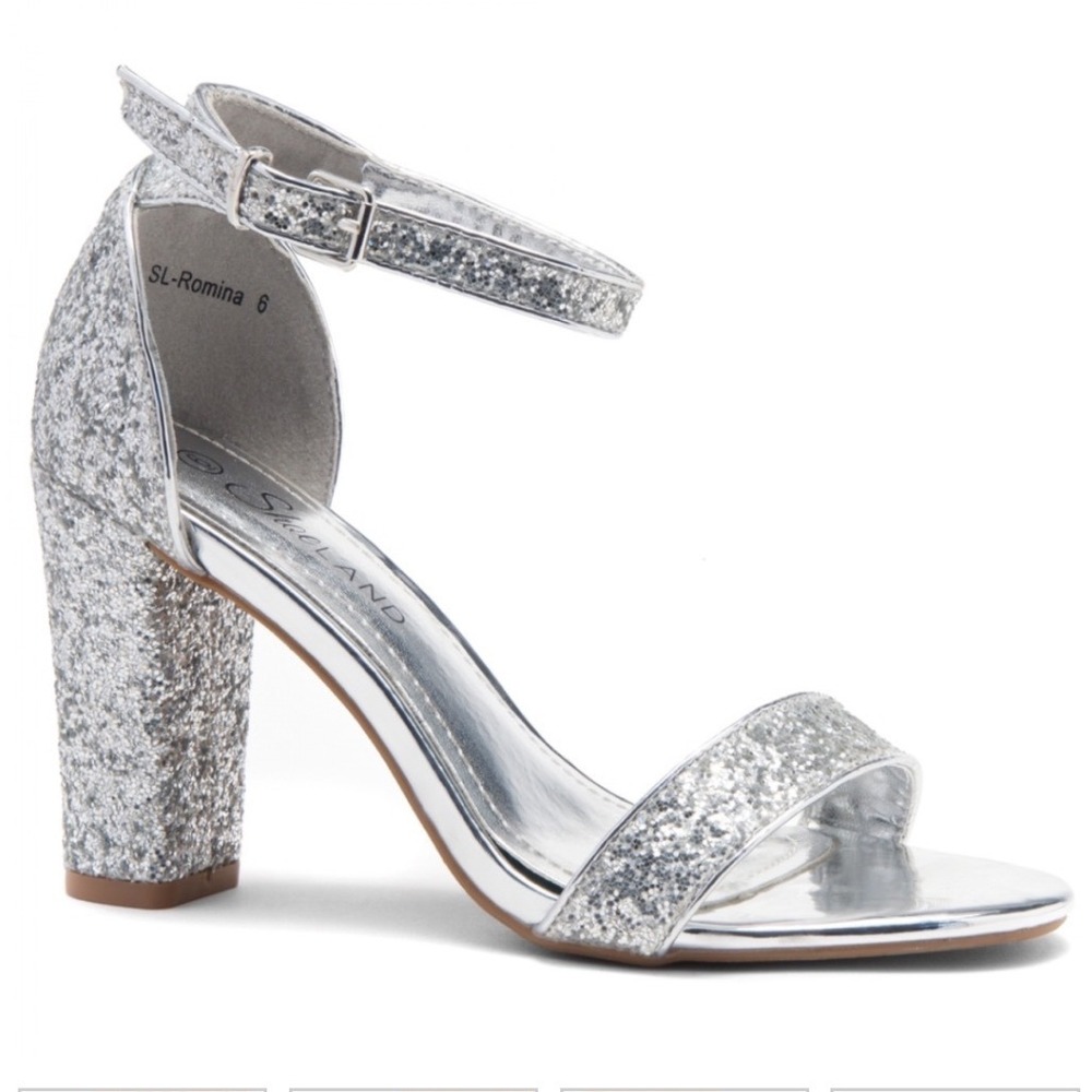 ShoeLand Madeline Sandals Strappy Glitter Chunky Heel Size 6.5 Formal Prom Glam